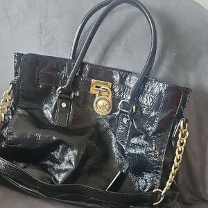 Michael Kors Black and Gold Satchel with Glossy Finish